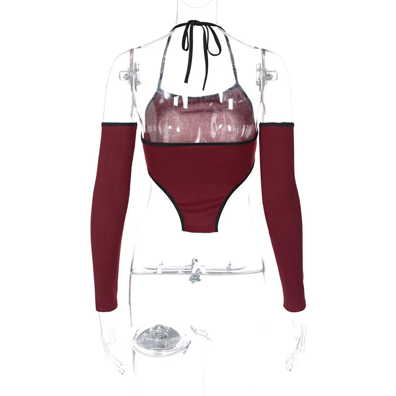 
Long sleeve vest with straps and neck straps Hot girl street style tops Solid color crop tops 