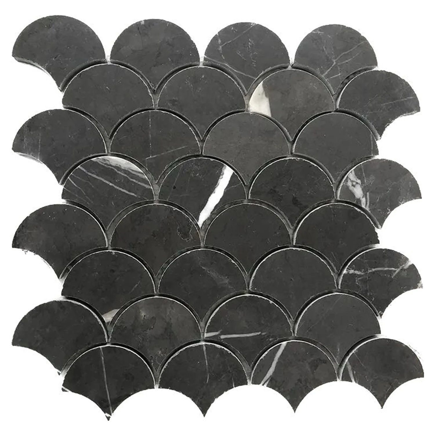 Black Nero Marquina Polished Kitchen Backsplash Fan Shape Marble Mosaic Tiles for Shower Wall Waterjet Pattern