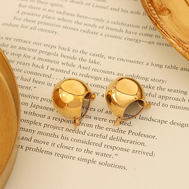 18K Gold Plated Round Ball Hoop Earrings Stainless Steel Fashion Jewelry