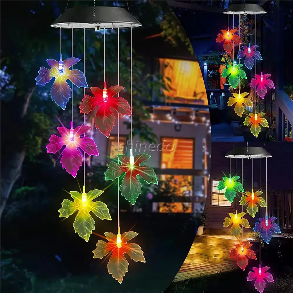 LED Mobile Solar Wind Chimes Color-Changing Maple Leaf Design Made of Durable Plastic