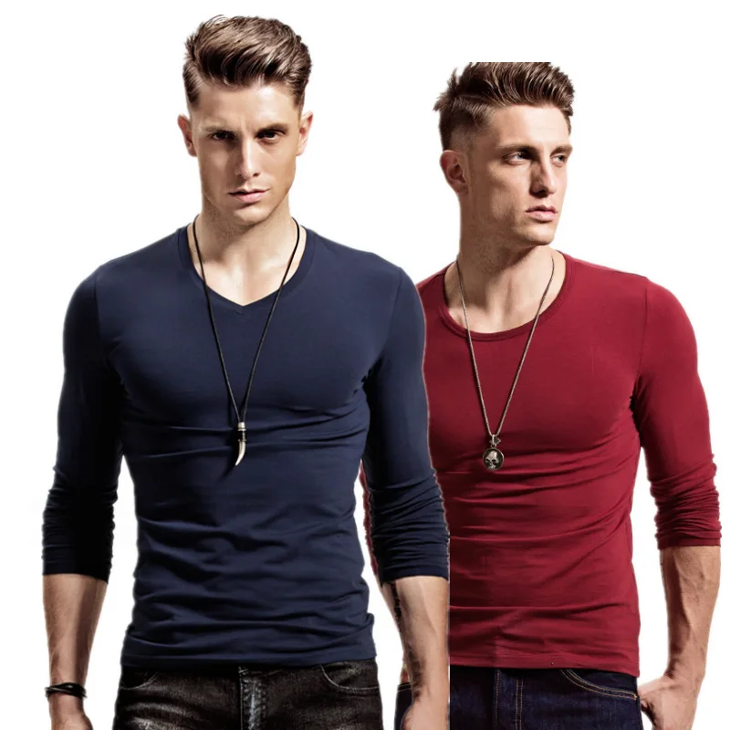 Wholesale Solid Color Blanks Custom Plus Size Men V Neck Plain Full Sleeve Tshirt V Collar