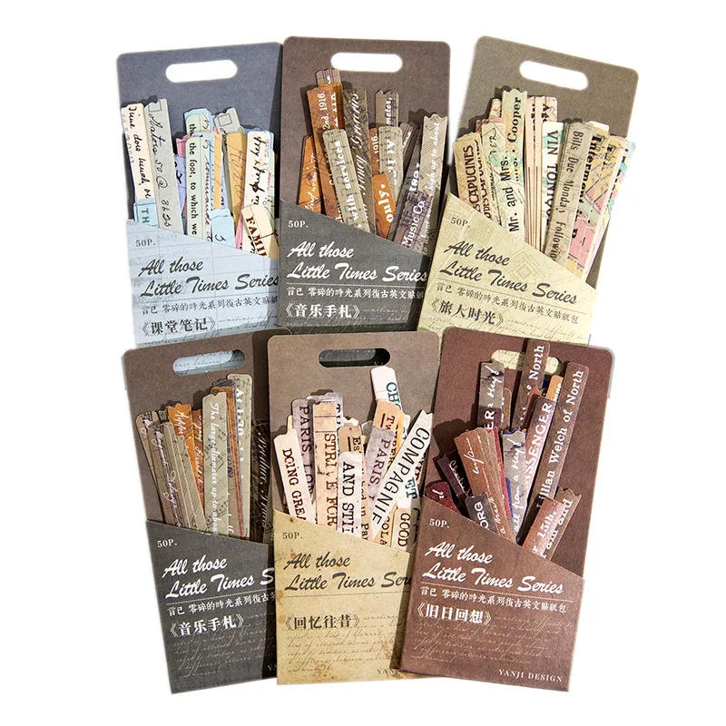 50pcs/pack Retro English Sticker Package Fragmented Time Series Retro Collage Hand Account Sticker Decoration 6 Models