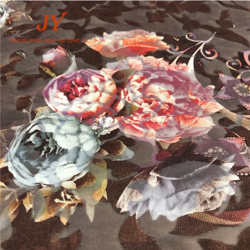 
knitted four way stretch flower print burnout velvet fabric for dress 