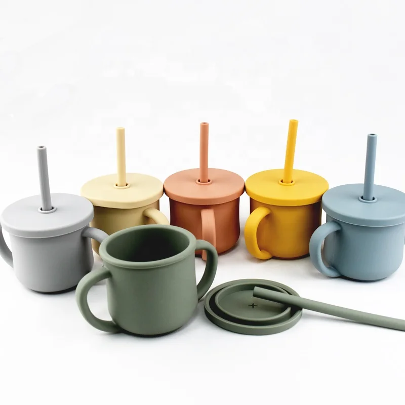 Custom Logo Food Grade Silicone Toddler Cup Bottle Warmer Kid Training Drinking Water Snack Sippy Cup Straw Lids Babies
