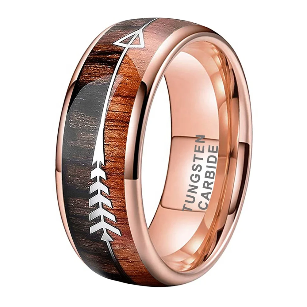 Coolstyle Jewelry 6mm 8mm Silver Black Gold & Rose Tungsten Ring Men Women Trendy Wedding Band Koa Wood Arrow Inlay Comfort Fit