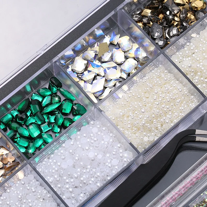 Wholesales Nail Art Sticker Rhinestone Multi Shape Colorful AB Glass Crystal Stone Decoration  Golden Flat Back Nail Art