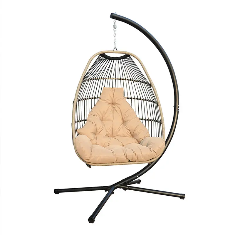 Outdoor Collapsible Rattan Hanging Egg Chair Rattan Outdoor Terrace Rope Garden Patio Egg Swing Chair With Steel Stand