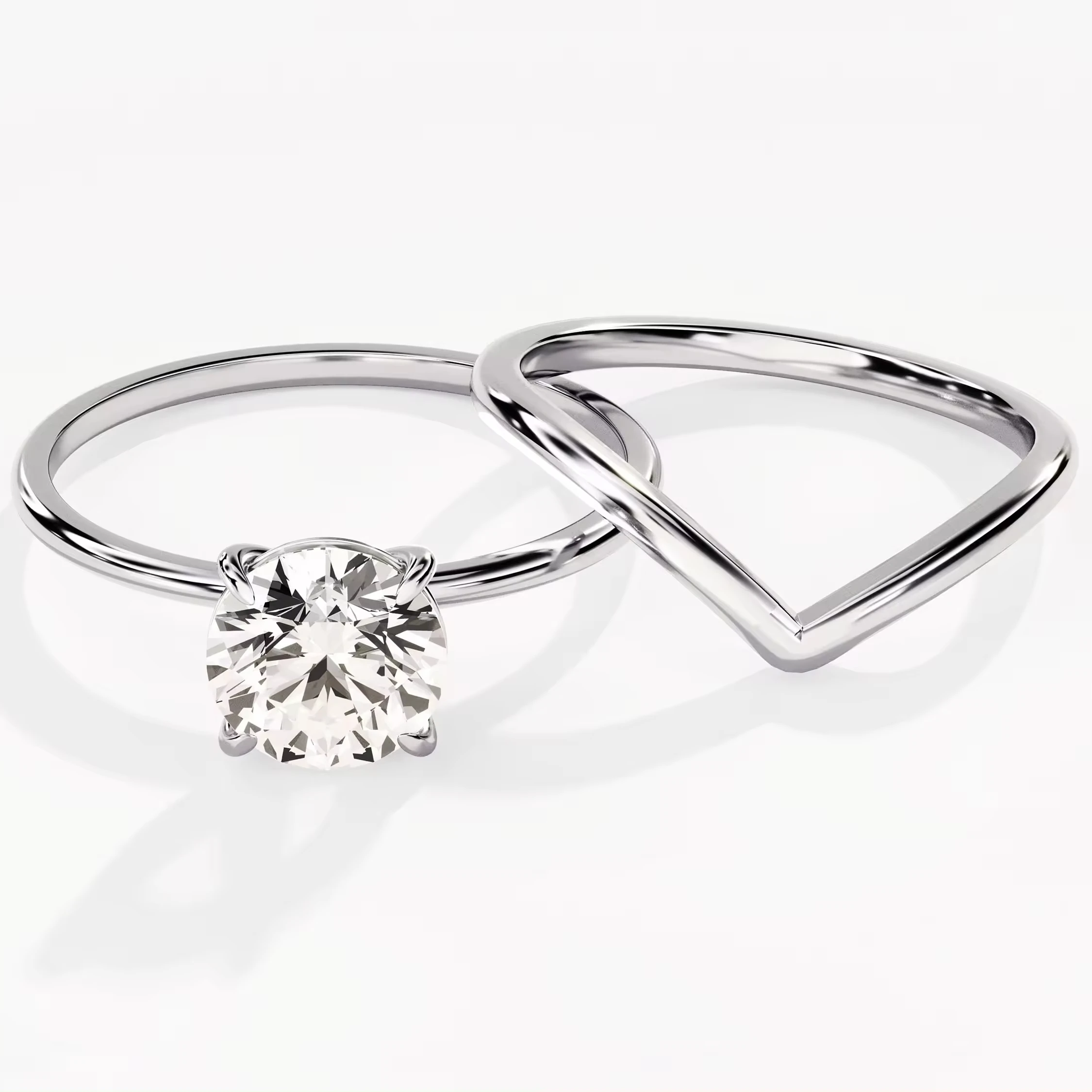 14k Gold Diamond Bridal Set Solitaire 1.5 CT Round Diamond Engagement Ring and Curved Wedding Band Set for Women