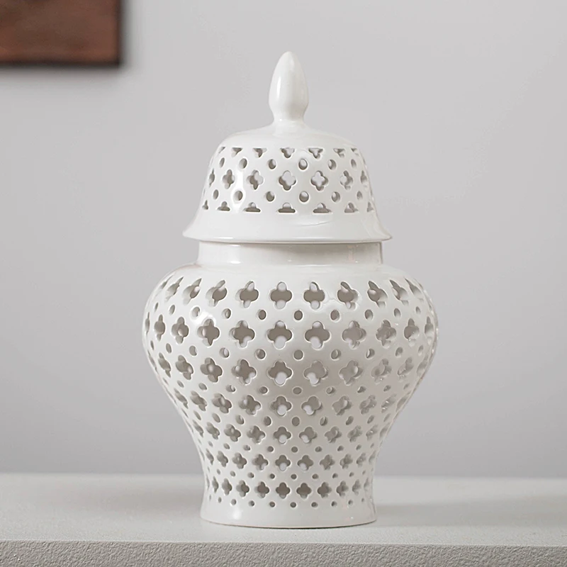 Wholesale Custom Hollow Out Vases with Lid Home Decorative Floor Ceramic Ginger Jar Vase  for Flower