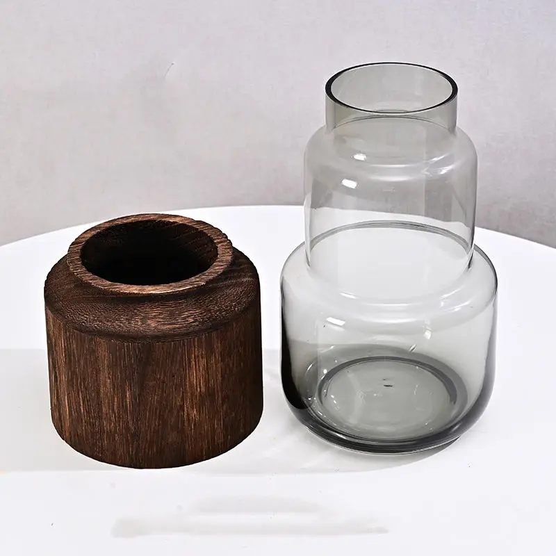High Quality Rustic Smoked Glass Vase with Premium Wood Top for Centerpieces and Home Decor