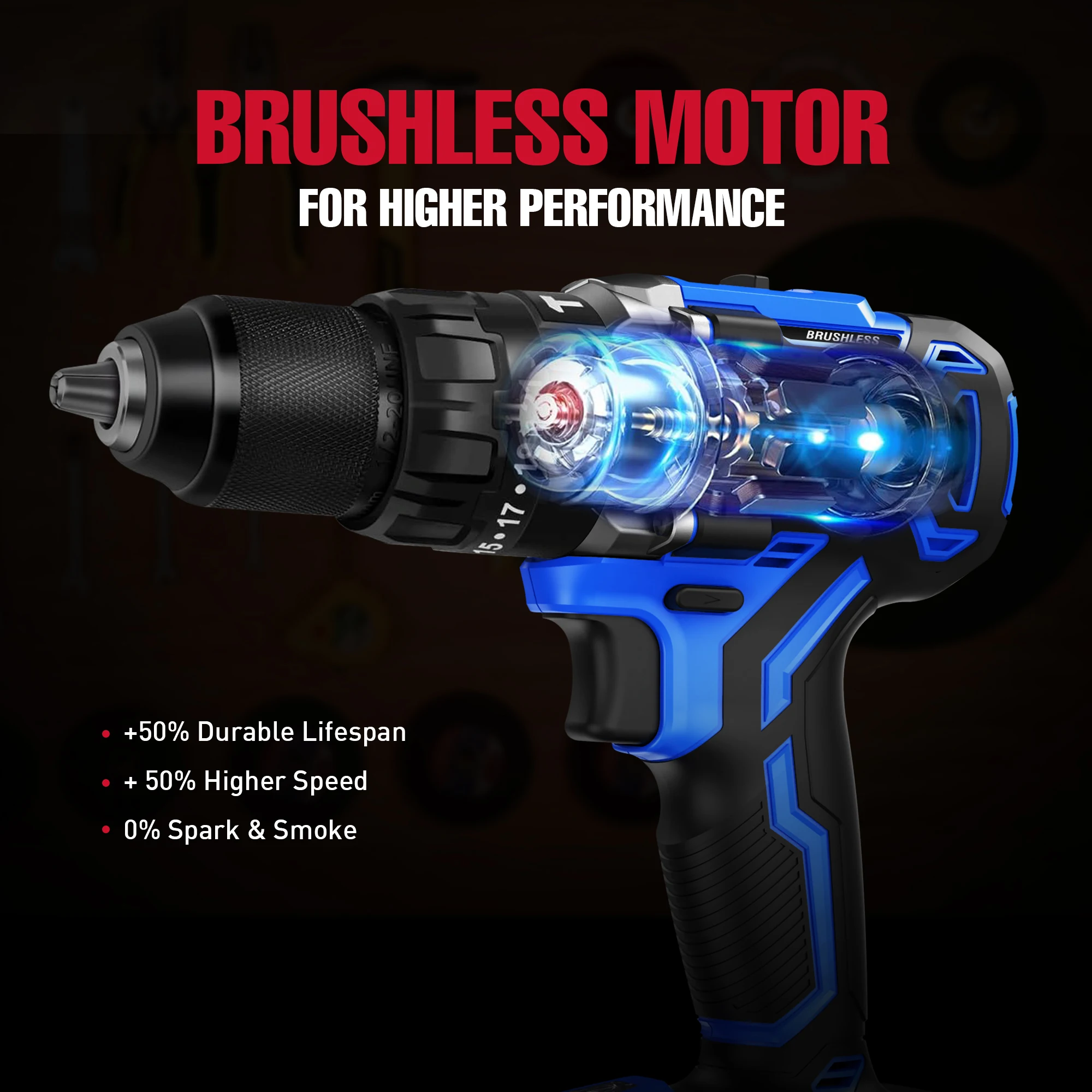 Hehui Customized 20V Hand Drill 20+ Torque Setting Drill Tools 13Mm Chuck Size Brushless Cordless Hammer Drill