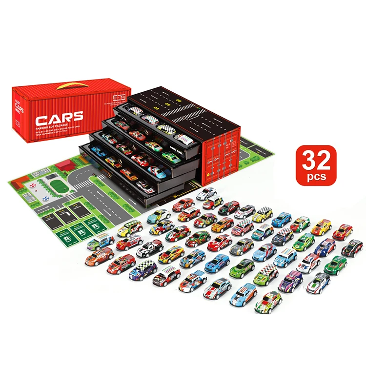 6.8cm mini alloy toy car container packing 32 pieces pull back toy diecast cars