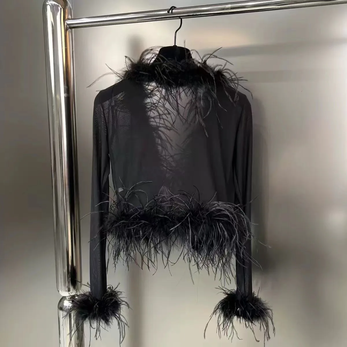 2024 Early Autumn V-neck Long Sleeved Patchwork Lace up See Through Mesh Jacket