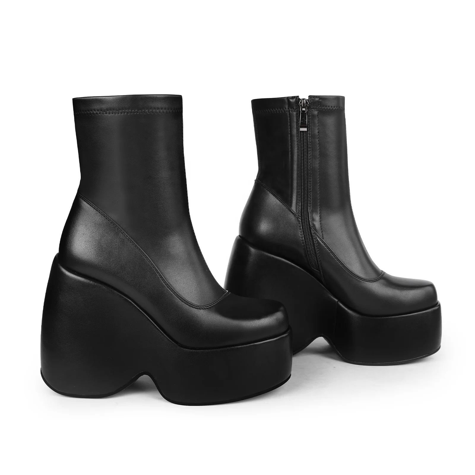 WETKISS 2022 Custom Goth Shoes Black Stretch PU Boots High Platform Ankle Boots Women Wedge Boots Wholesale