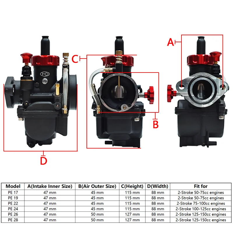 PE Carburetor 17 19 22 24 26 28mm Universal Flange Type-B PE Carburetor with Accessories for Yamaha 50-150cc Engine Motorcycle