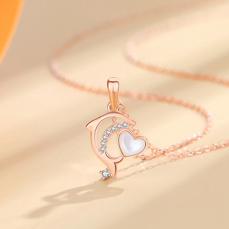 Fashion Jewelry S925 Sterling Silver Plated Romantic Rose Gold Love Dolphin Necklace Pendant For Girlfriend Gift