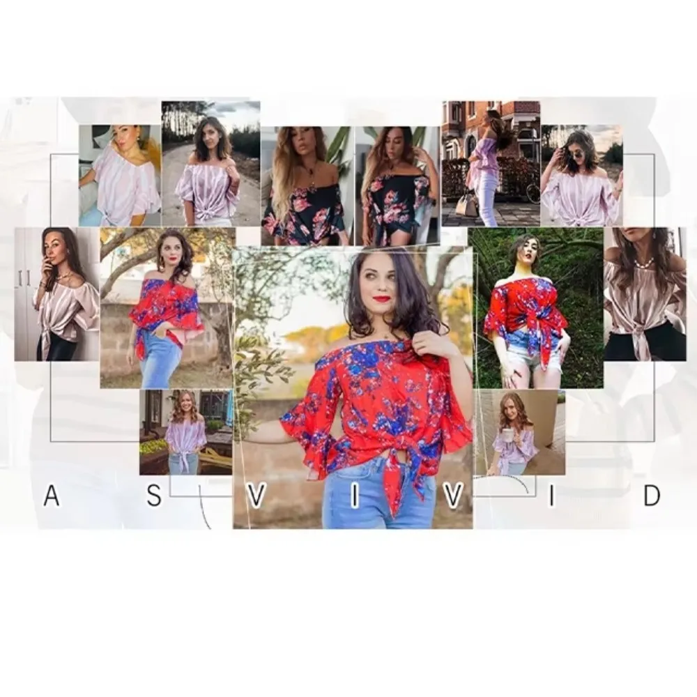 Women Chiffon Blouses Strapless Top Bell Sleeve Tunic Tie Front Blouse Off Shoulder Tops Summer Clothes Floral Shirt