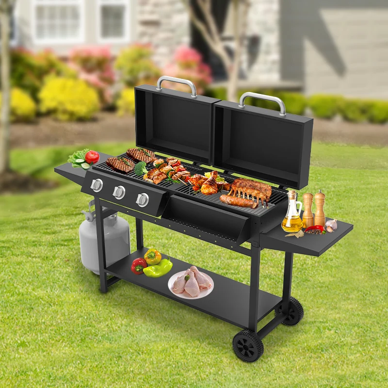 Outdoor Large Gas and Charcoal Grill Heavy Duty Trolley BBQ Smoker Commercial Portable Barbecue BBQ Grills