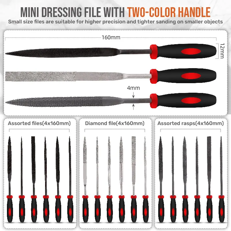 17pc Metal Hand & Diamond Needle Files & Brush Tool Set. Large, Small Flat, Half, Round, Triangle Cut Steel Files. OEM ODM Ready