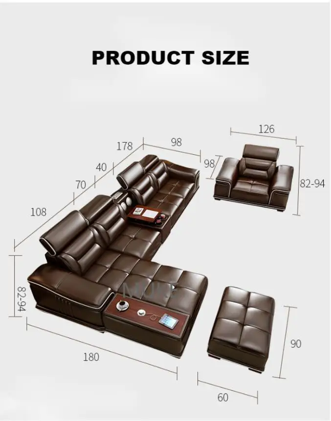 factory modern design sofa multifunctional adjustable height USB interface U shape leather living room sofa set Hotel Furniture