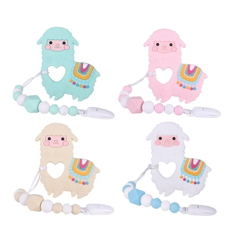 Wholesale Sensory  Silicone Baby Alpaca Llama  sheep Teething Toy With Pacifier Clip