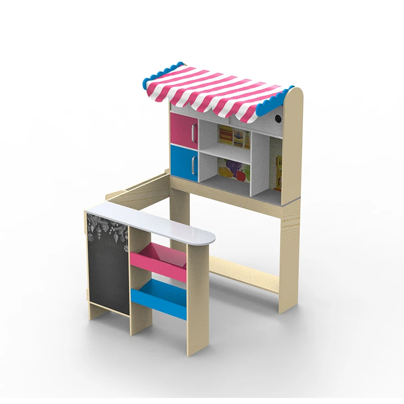 Happy cashier counter wooden table shelf toy set supermarket play set