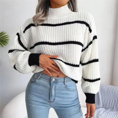 Autumn Winter European Style Casual Striped Lantern Sleeve Half Turtleneck Knitted Pullover Woman Sweater