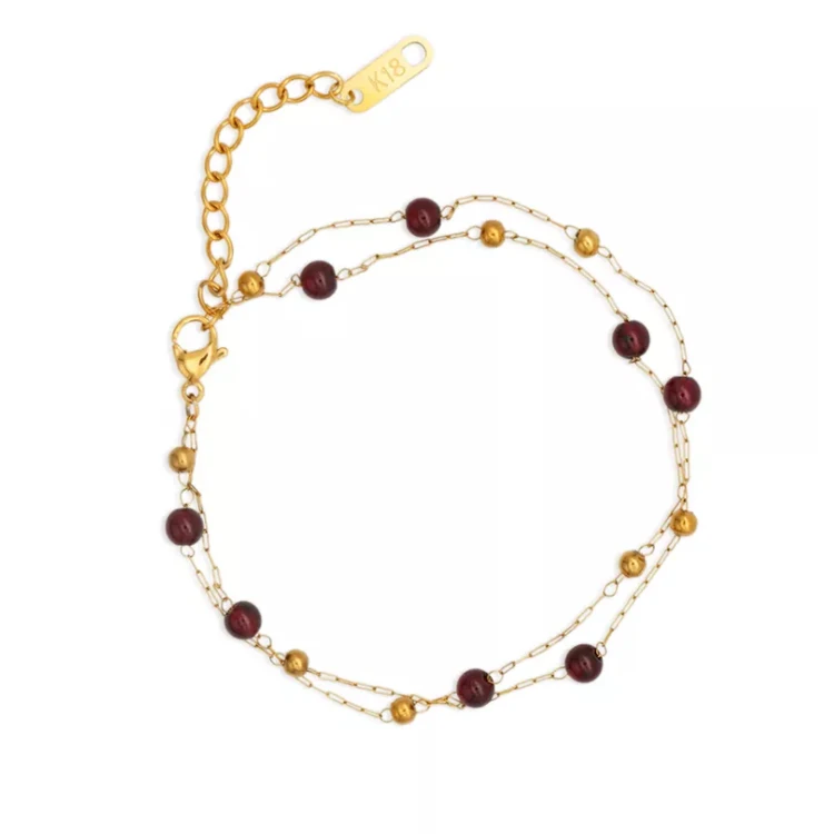 Chris April 316L stainless steel PVD gold plated double-layer chain natural gem women bulk small gold beaded bracelets