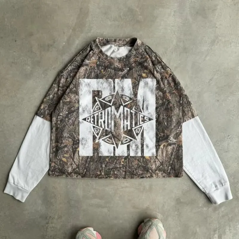 Custom Real Tree Hunt Double Layer Long Sleeve 320 Gsm Heavyweight Cotton Drop Shoulder Camo Terry Oversized Tshirt