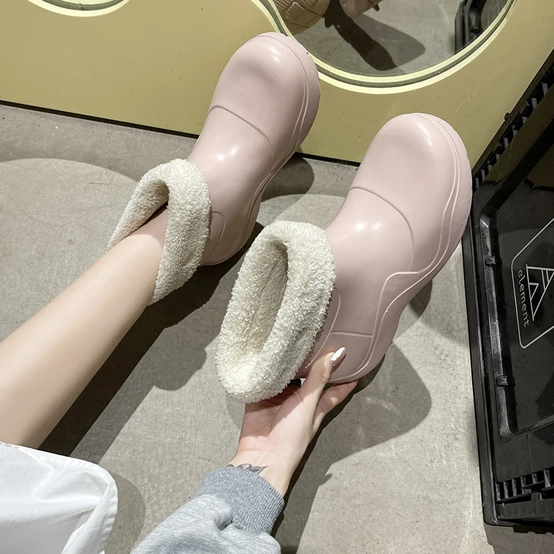 terry fleece inside fur boots jelly ankle eva rain boots woman waterproof fashion ladies shoes with fur