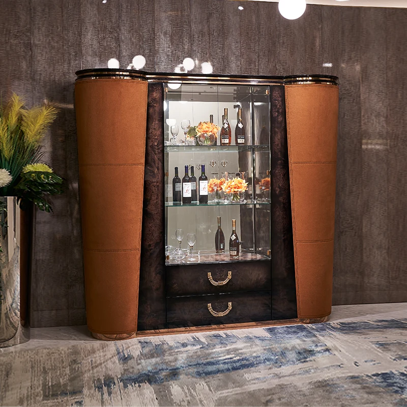 Modern Luxury Glass Wine Cabinet Home Bar Wooden Mini Showcase Wood Display Showcase Wine Bar Cabinet for Living Dining Room