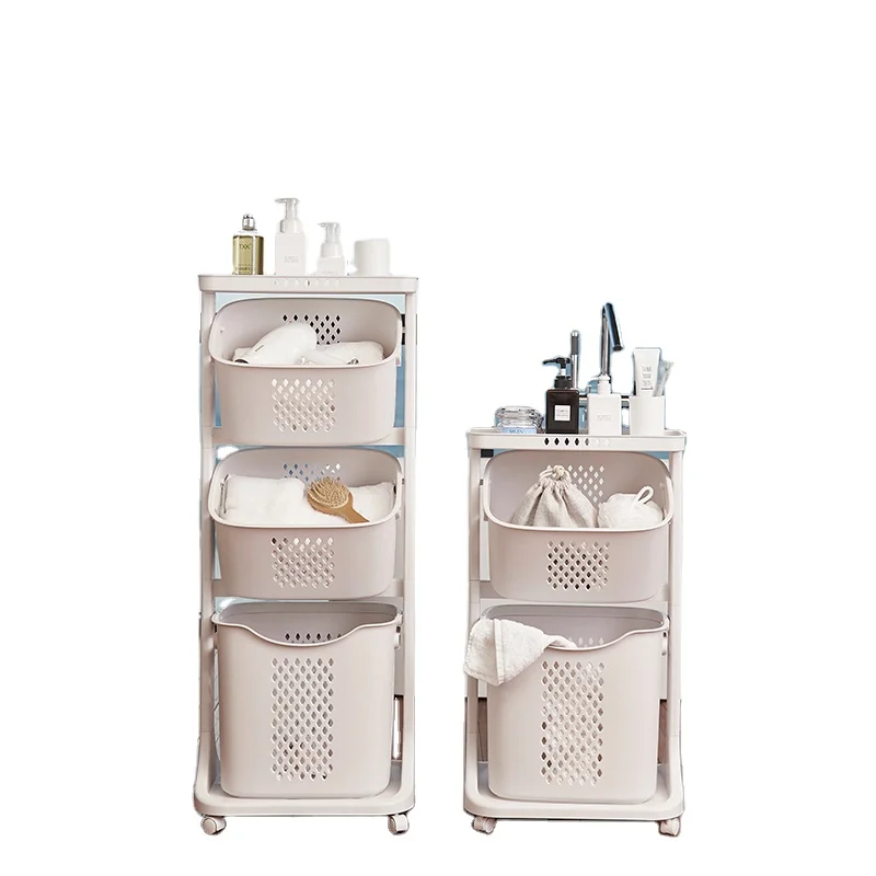 Multilayer plastic bathroom decor storage laundry basket with wheels plastic dirty clothes basket