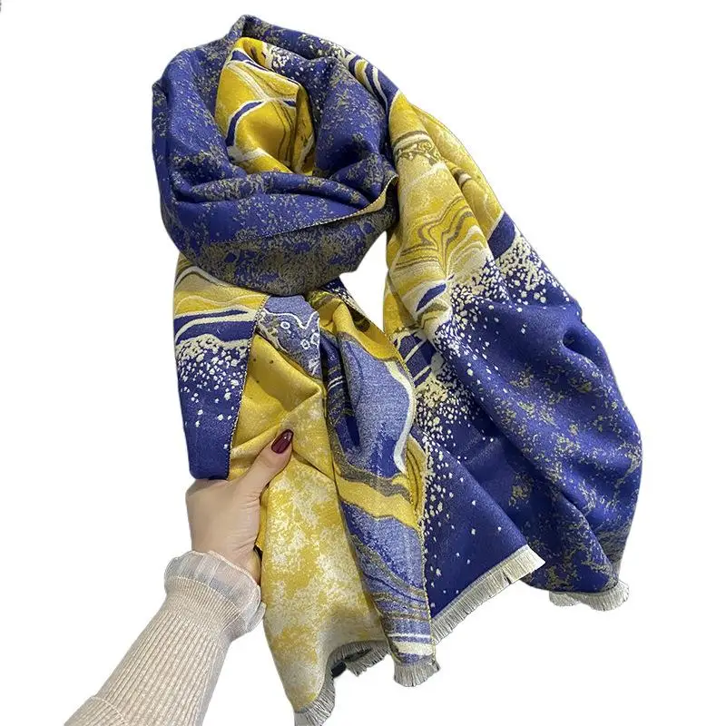 2023 cashmere imitation and winter Korean version of everything contrasting landscape simple retro warm neck