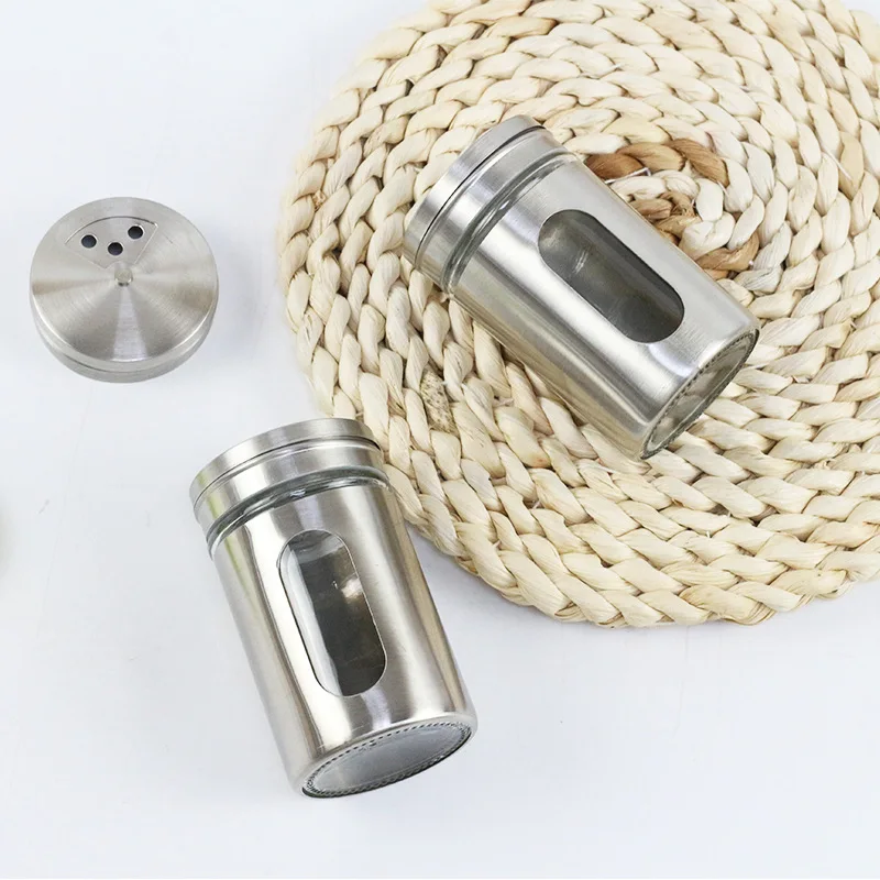 Kitchen stainless steel seasoning box spice jar thickened glass pepper barbecue sprinkling bottle porous seasoning glass bottle