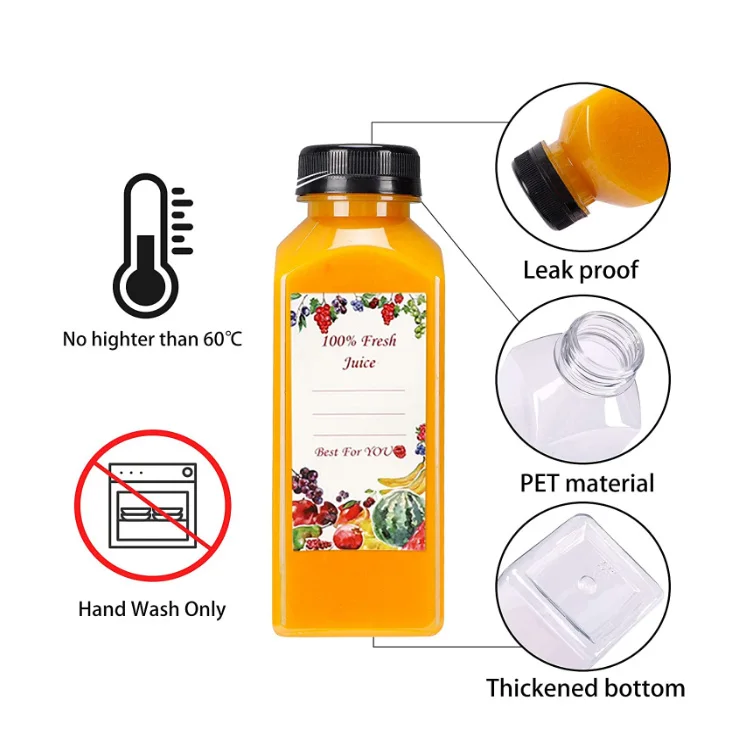 NH 8oz 12oz Empty Plastic Juice Bottles With Caps Reusable Transparent Bulk Beverage Containers With Black Tamper Evident Lids
