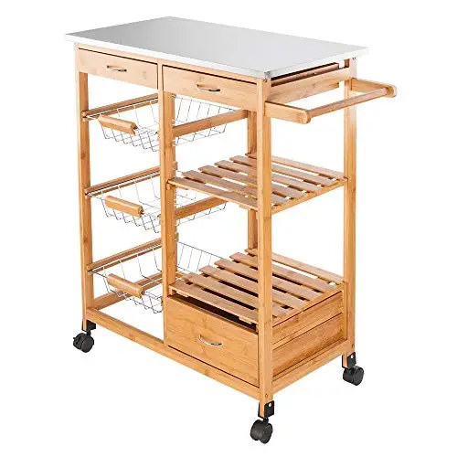 
natural bamboo wood kitchen island trolley cart with 4 wheels 