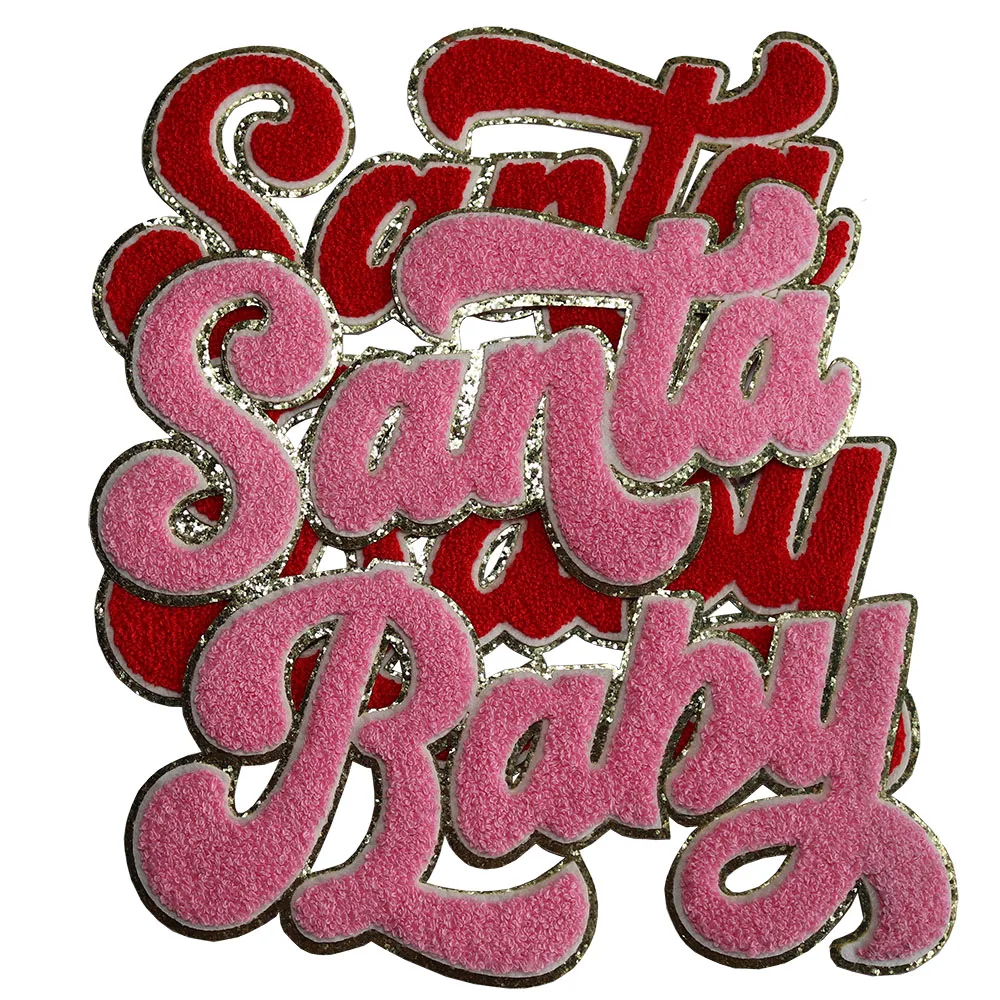 Wholesale Custom Large Red Pink Christmas Santa Baby Merry Bright Chenille Patch Iron on Embroidered Patches for Clothing