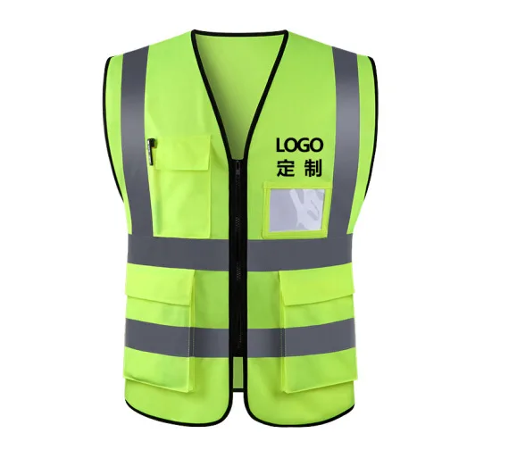 9 Pockets Class 2 High Visibility Zipper Front Safety Vest With Reflective Strips