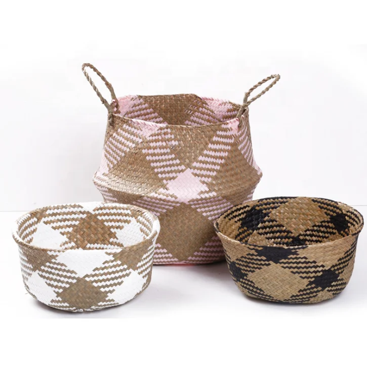 Home Decoration 100% Handmade Woven Natural Straw Oval Flower Pot Plant Stand Garden Seagrass Belly Storage Basket with handle