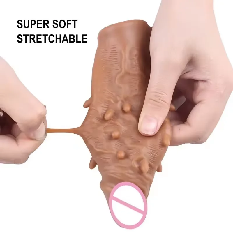 16cm Reusable Ejaculation Delay Realistic Dildo Sleeve Silicone Long Wearable Sleeve Condom For Men Penis Enlargement Big