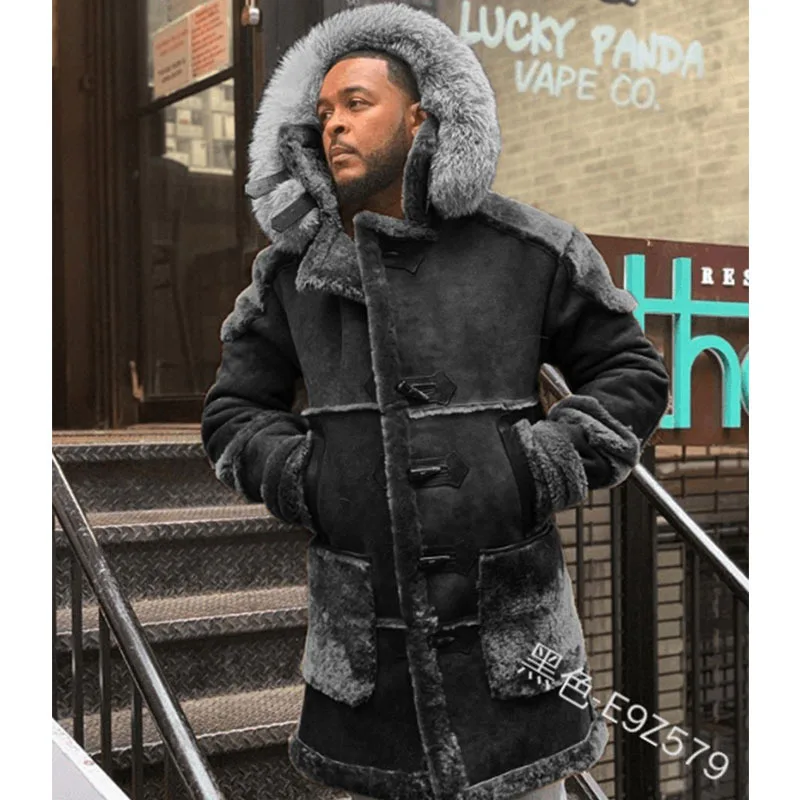 JL248 Wholesale Winter Leather Down Coat Thick Mid-Length Hooded Faux Fur Collar Fox Fur Coat Men Plus Size Fur Coat