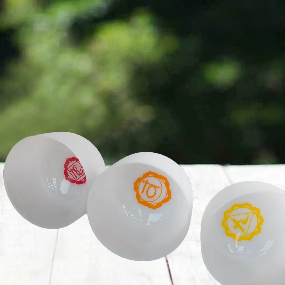 8 To 14 Inch Seven Color Chakra Pattern Crystal Singing Bowls Set With Case For Sound Healing