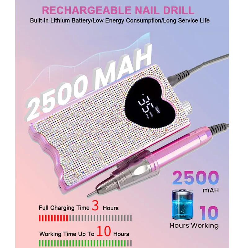 Professional Portable Cordless Nail Drill Machine 35000RPM Crystal Diamonds Rechargeable E-file Nail Polisher for Home Salon