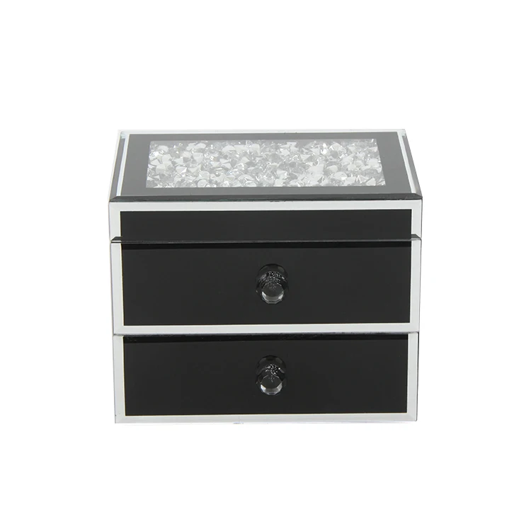 Black Luxury Glass Jewelry Box with Clear Stone Custom-Made Wedding Gift Two Layers Drawer Type Similar to a Photo Frame