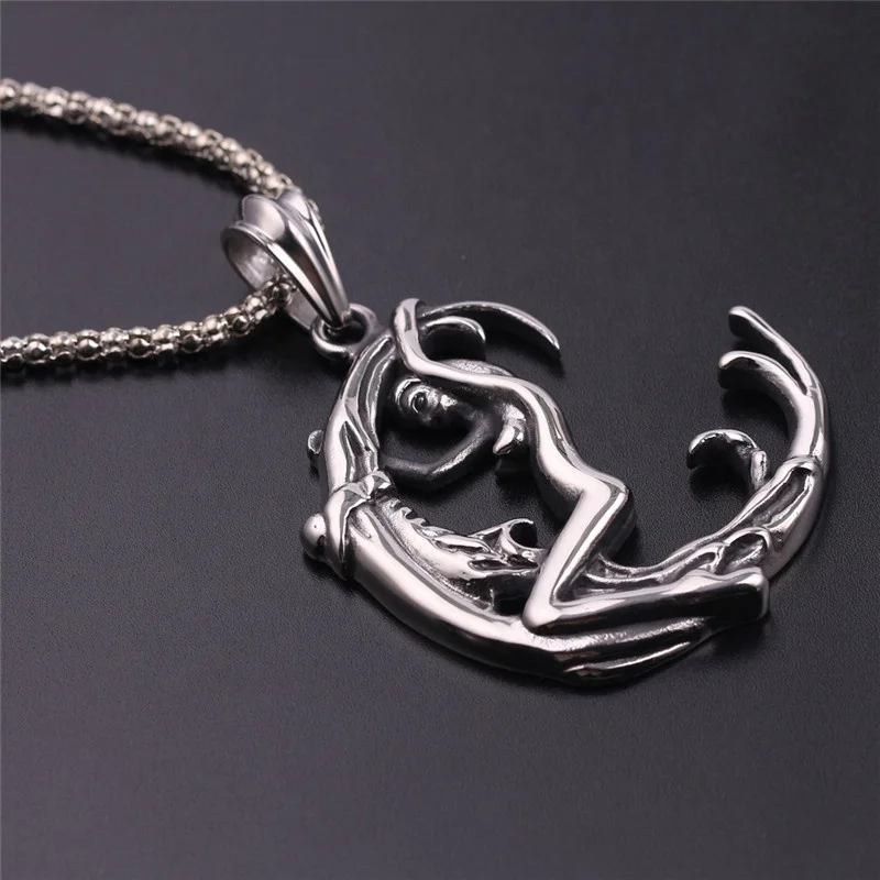 long retro punk silver crescent pendant men women charm triple moon goddess necklace