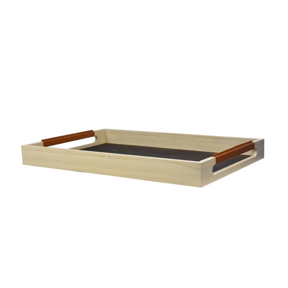 Hotel Leather  Wood Serving Tray with Handle