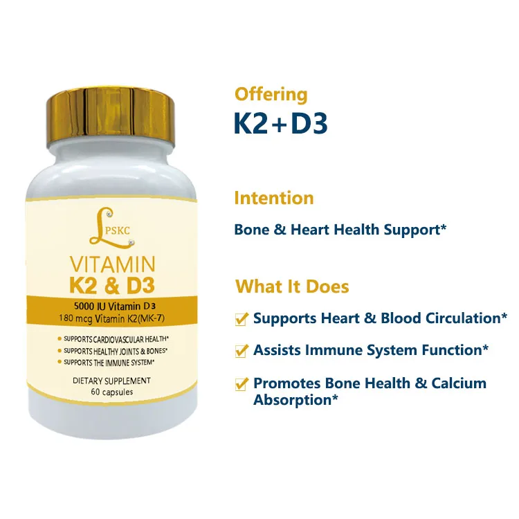 Private Label Best Combo Vitamin D3 5000IU Vitamin K2 Supplement Supports Healthy Bones  Softgels Capsules