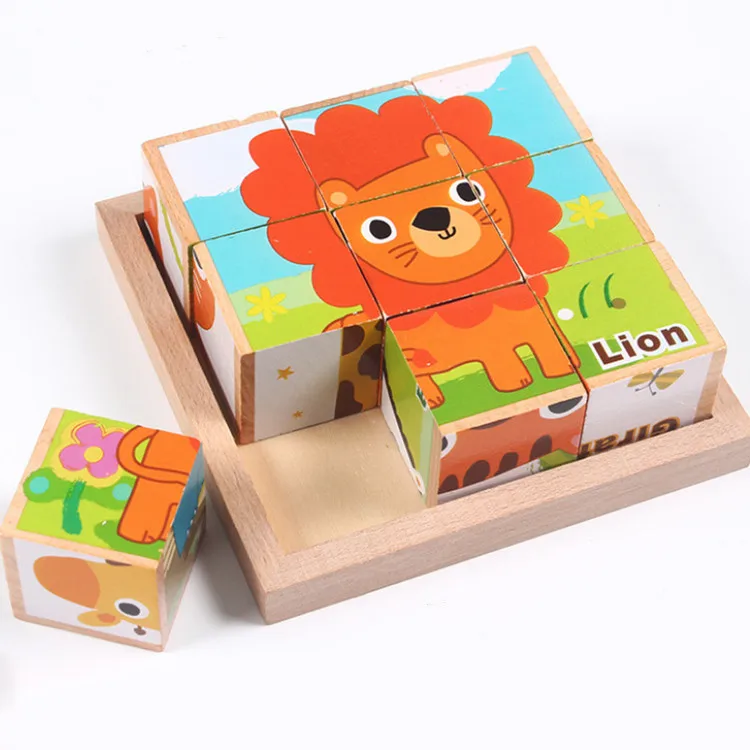 Wooden 9-grain Six Sides 3D puzzle toy traffic animal Wood Cube Jigsaw Puzzles Kids educational fun puzzle