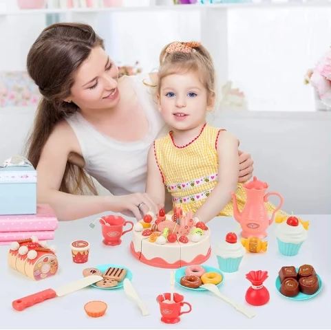 Hot Selling 82 Pcs Birthday Cake Toy Pretend Play Food Cutting Decorating Cake Role Play House Toy Tea Party With Music Light