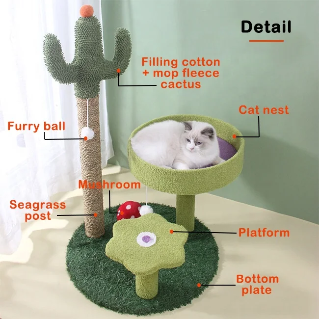 Luxury Cat Playing Climbing Scratching Post Furry Ball Toy Cat Tree House Mushroom Cactus Green Cat Trees & Scratcher